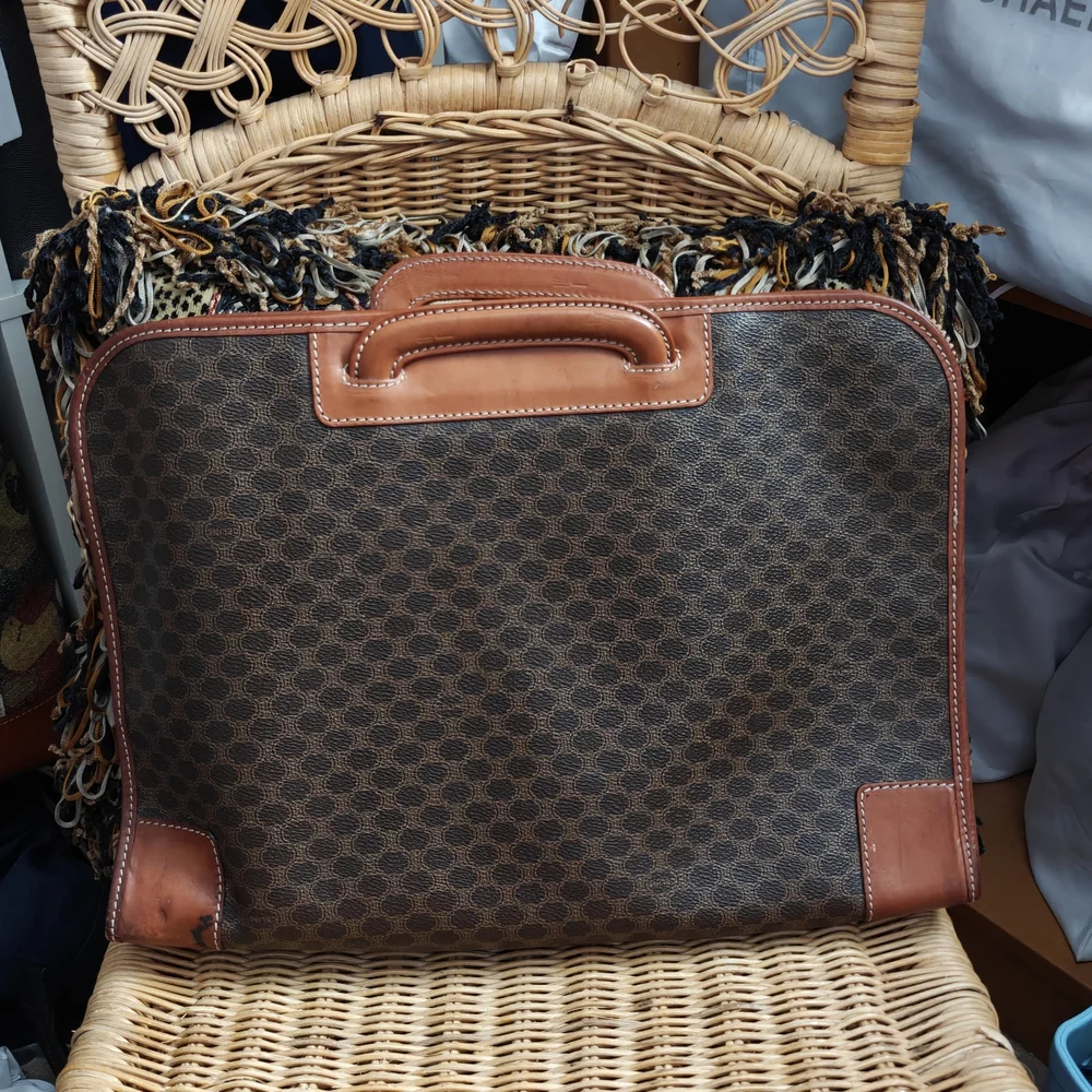 Celine Brown Monogram Leather-Trim Briefcase